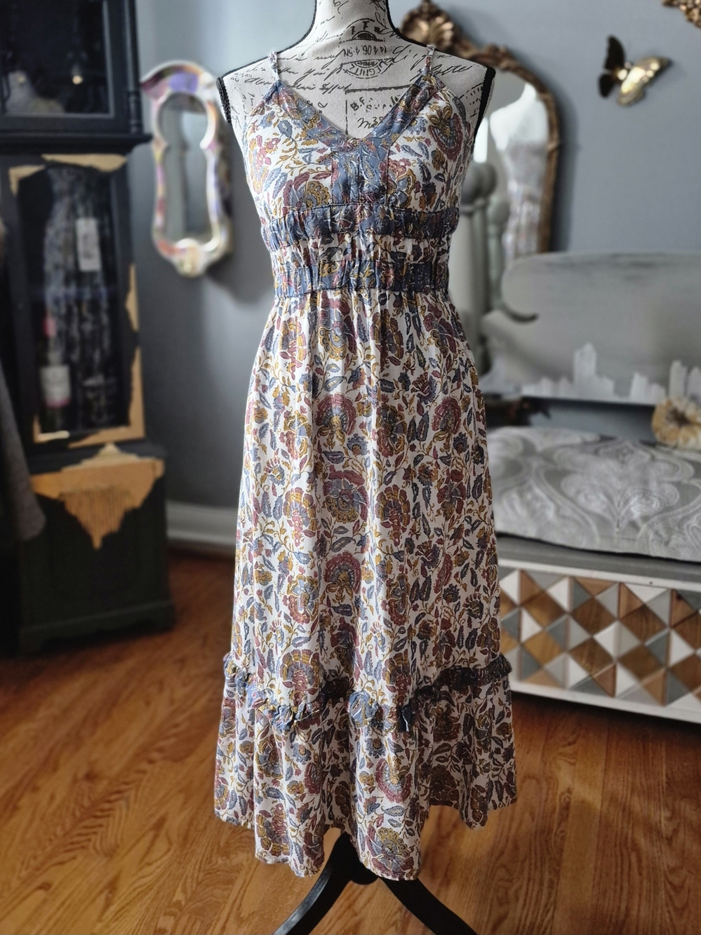 Sincerely Jules Boho Hipp Paisley Print Smocked Midi Dress Small
